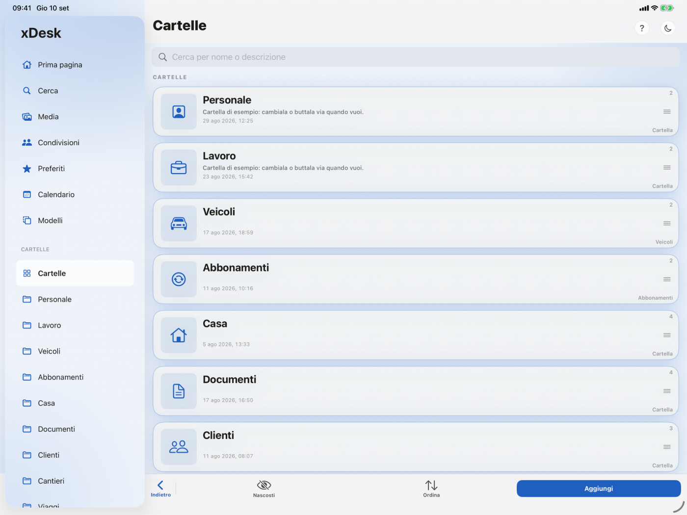 Le cartelle di xDesk su iPad